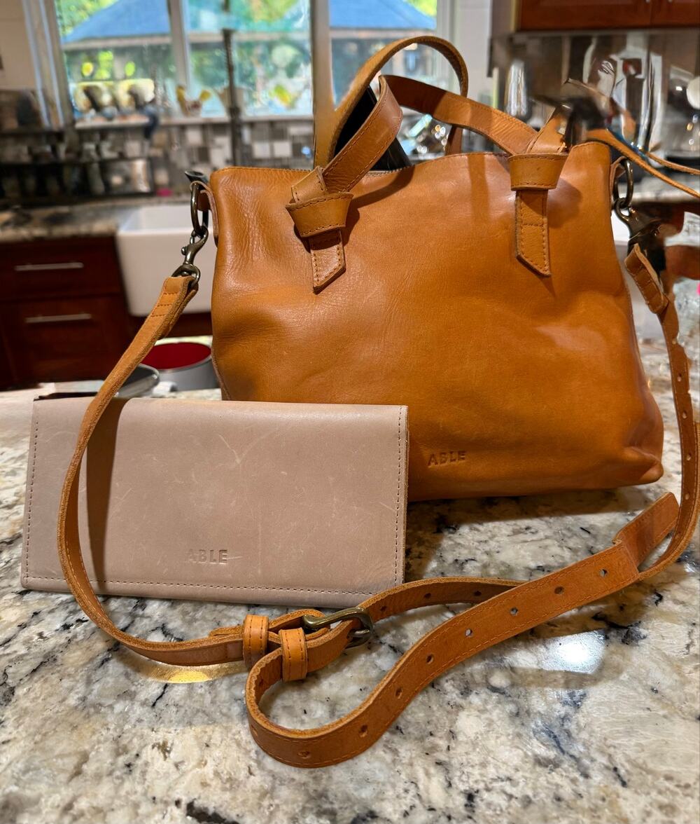 ABLE Rachel Tan Leather Tote Crossbody Bag 43 with long wallet